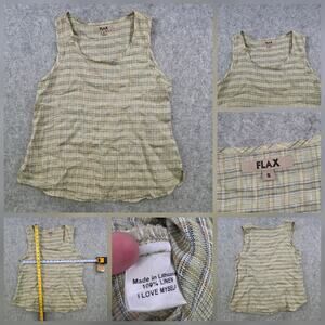 Flax Shirt Womens Small Green Plaid 100% Linen Sleeveless Tank Top Casual Summer